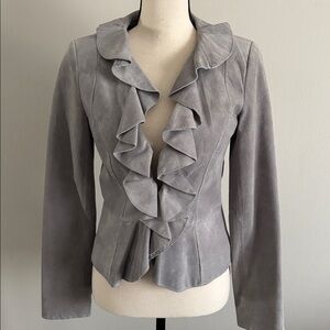 White House Black Market Grey Suede Ruffle Jacket, Small